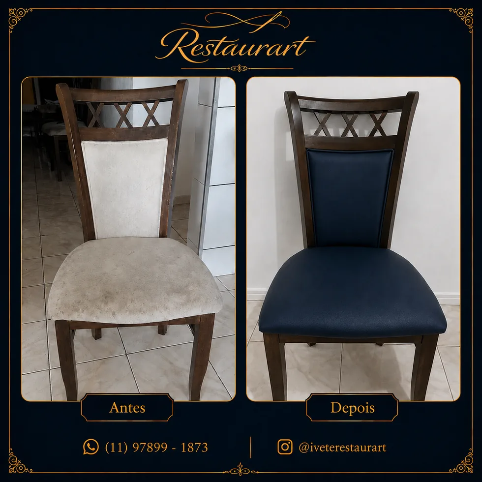 Cadeira reformada com tecido azul pela Restaurart